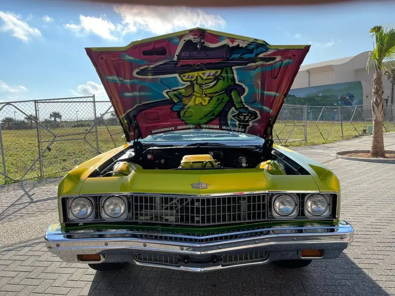 Classic Chevrolet with custom hood art and a detailed engine bay under a Florida sky