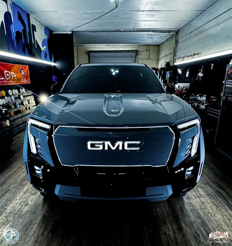 Black GMC Sierra EV front end after a detail by Maxx Perfection Detailing